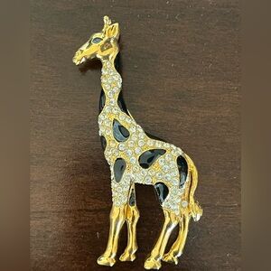 Vintage Gold and Black Giraffe Brooch with Rhinestones and Black Enamel